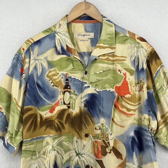 TOMMY BAHAMA Shirt Men L Silk Camp Hawaiian Cocktails Guitar Bartender Camp - Picture 3 of 16